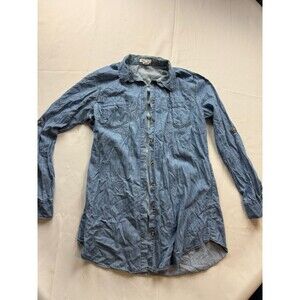 Dizzy‎ Lizzy Shirt Womens Large Blue Chambray Button Up Tunic Roll Tab Sleeve